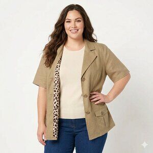 Maggie Barnes 3X Tan Linen Blend Blazer Short Sleeve Leopard Print Lining